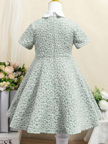 Girls' Sweet Rhinestone Decor Green Jacquard Dress With Turn-Down Collar