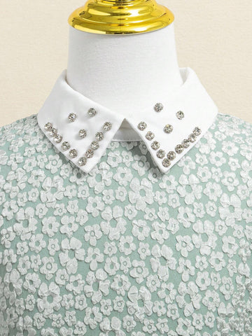 Girls' Sweet Rhinestone Decor Green Jacquard Dress With Turn-Down Collar