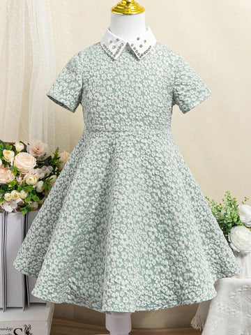 Girls' Sweet Rhinestone Decor Green Jacquard Dress With Turn-Down Collar
