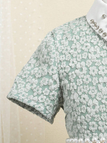 Girls' Sweet Rhinestone Decor Green Jacquard Dress With Turn-Down Collar