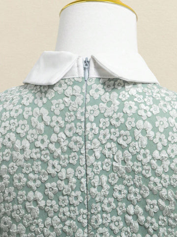 Girls' Sweet Rhinestone Decor Green Jacquard Dress With Turn-Down Collar