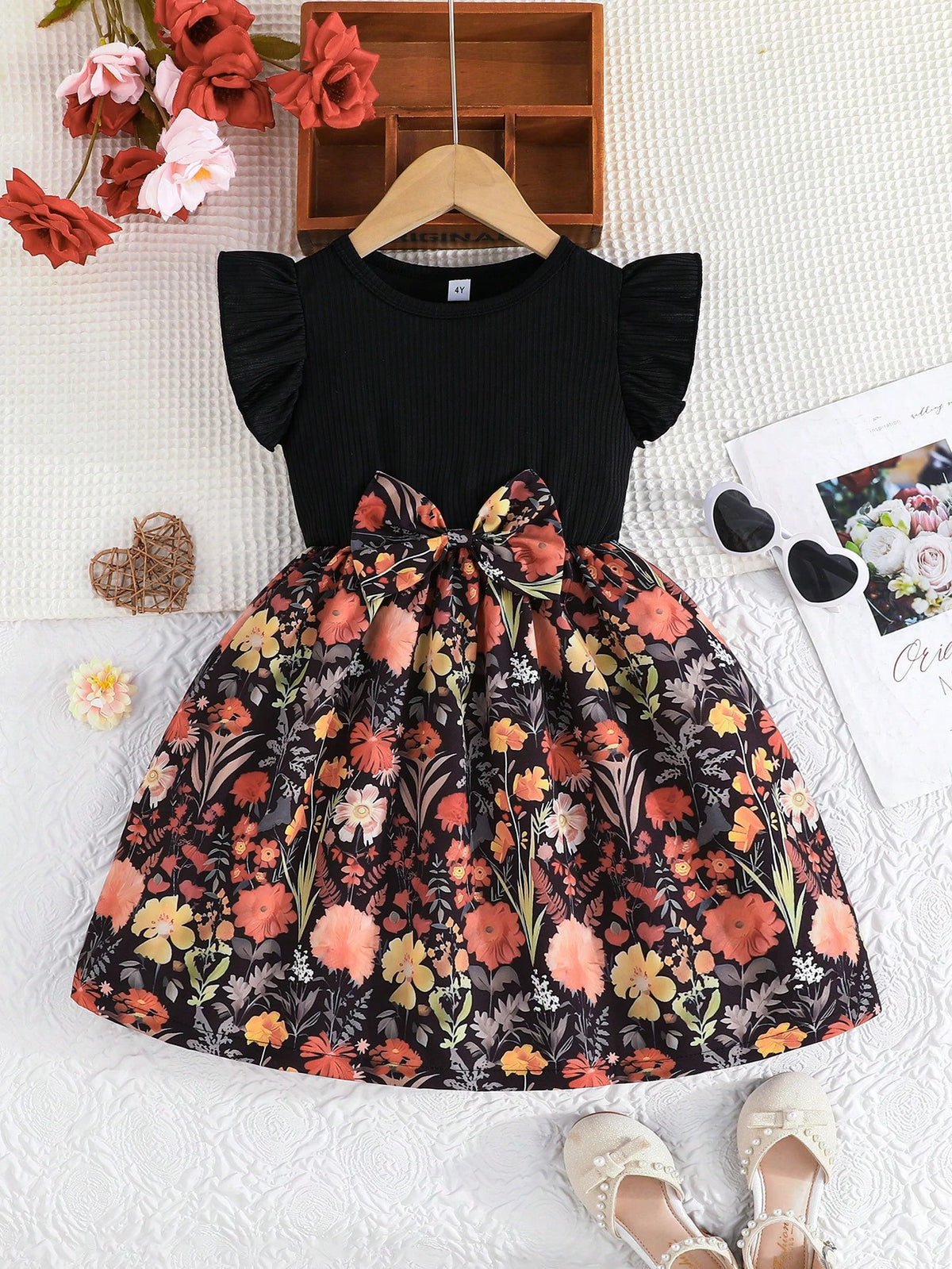 Girls' Sweet Ruffled Sleeve Round Neck Bow Tied Floral Jungle Print Casual Dress, Outdoor For Little Girls In Summer