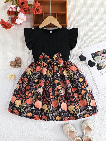Girls' Sweet Ruffled Sleeve Round Neck Bow Tied Floral Jungle Print Casual Dress, Outdoor For Little Girls In Summer
