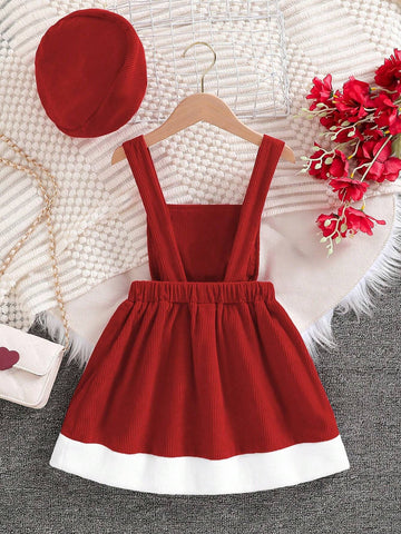 Girl's Sweet Solid Color 3D Bow Strap Adjustable Suspender Dress With Beret Hat