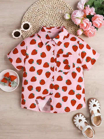 Girls Sweet Strawberry Print Short Sleeve Shirt Hawaiian Style Vacation Summer Collar Shirt Top