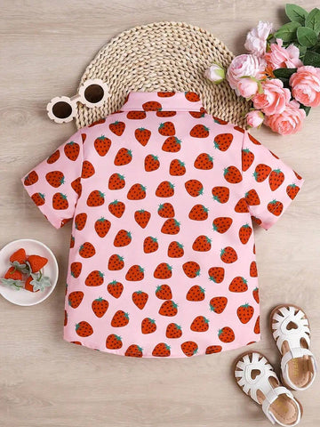 Girls Sweet Strawberry Print Short Sleeve Shirt Hawaiian Style Vacation Summer Collar Shirt Top