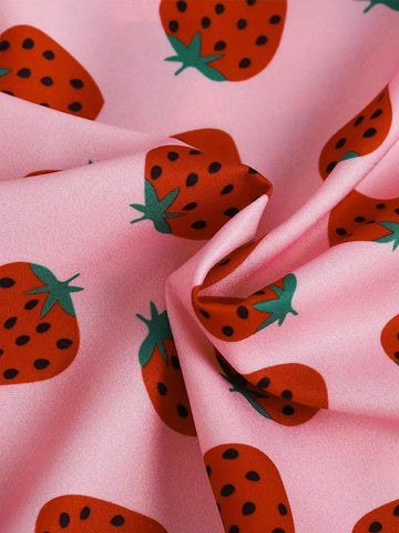 Girls Sweet Strawberry Print Short Sleeve Shirt Hawaiian Style Vacation Summer Collar Shirt Top