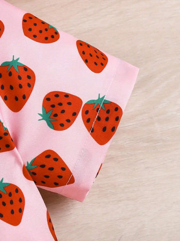 Girls Sweet Strawberry Print Short Sleeve Shirt Hawaiian Style Vacation Summer Collar Shirt Top