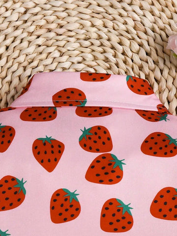 Girls Sweet Strawberry Print Short Sleeve Shirt Hawaiian Style Vacation Summer Collar Shirt Top
