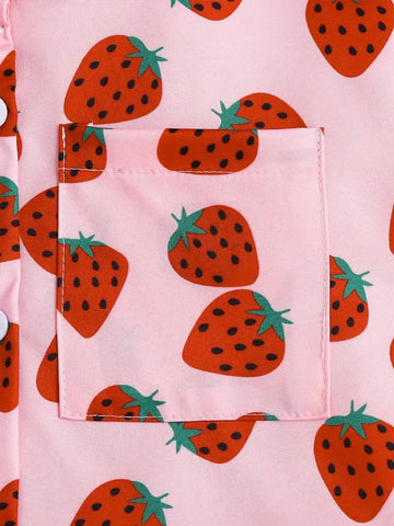 Girls Sweet Strawberry Print Short Sleeve Shirt Hawaiian Style Vacation Summer Collar Shirt Top