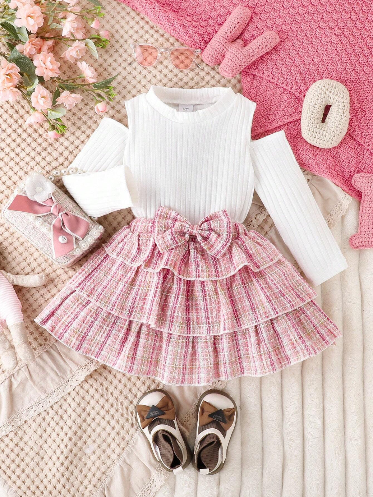 Girls' Sweet Winter Clothes Set, Including Spliced Sleeve Top And Bowknot Cake Skirt