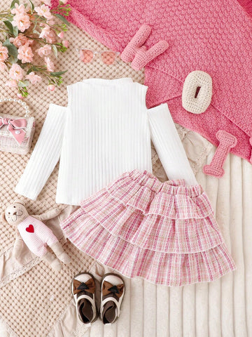 Girls' Sweet Winter Clothes Set, Including Spliced Sleeve Top And Bowknot Cake Skirt