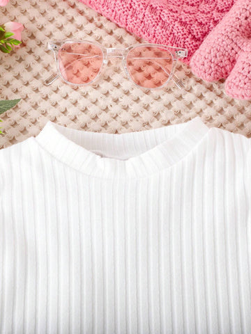 Girls' Sweet Winter Clothes Set, Including Spliced Sleeve Top And Bowknot Cake Skirt