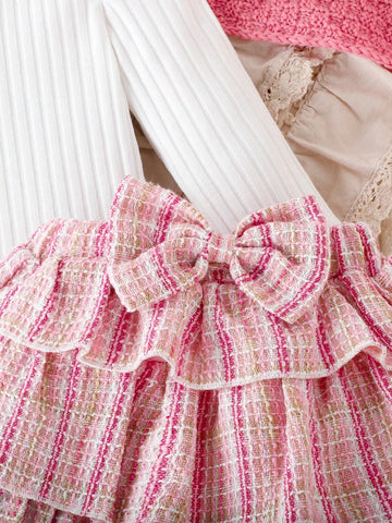 Girls' Sweet Winter Clothes Set, Including Spliced Sleeve Top And Bowknot Cake Skirt