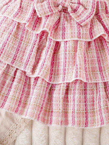 Girls' Sweet Winter Clothes Set, Including Spliced Sleeve Top And Bowknot Cake Skirt