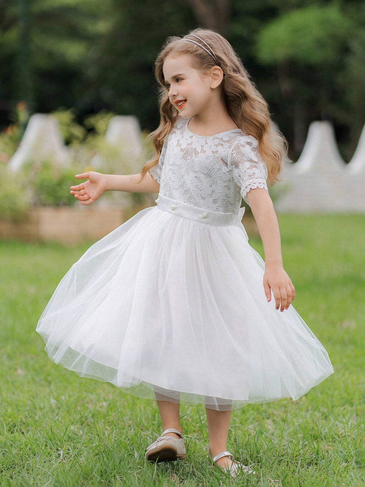 Girls' Sweet & Lovely Gradient Pink Butterfly Puff Sleeve Mesh Patchwork Dress