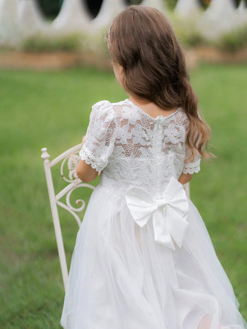 Girls' Sweet & Lovely Gradient Pink Butterfly Puff Sleeve Mesh Patchwork Dress