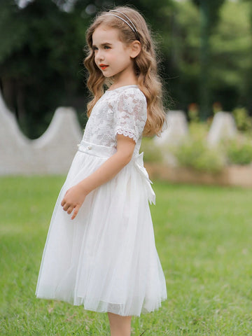 Girls' Sweet & Lovely Gradient Pink Butterfly Puff Sleeve Mesh Patchwork Dress