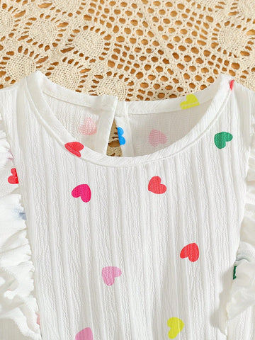 Girls' Sweetheart Heart Printed Double-Layered Sleeveless Blouse With Waist Tie + Heart Print Denim Casual Pants Set