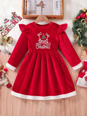 Girls Teens "Merry Christmas" Letter Print Small Cap Sleeve Velvet Long Sleeve Dress,Casual Party Outfit For Christmas