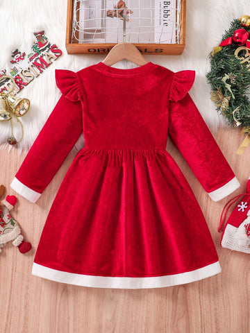Girls Teens "Merry Christmas" Letter Print Small Cap Sleeve Velvet Long Sleeve Dress,Casual Party Outfit For Christmas