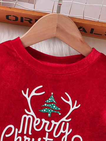 Girls Teens "Merry Christmas" Letter Print Small Cap Sleeve Velvet Long Sleeve Dress,Casual Party Outfit For Christmas