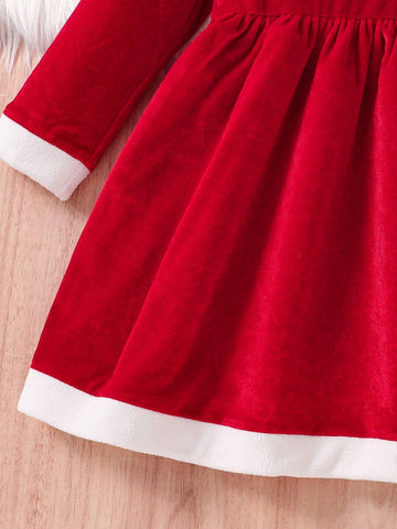 Girls Teens "Merry Christmas" Letter Print Small Cap Sleeve Velvet Long Sleeve Dress,Casual Party Outfit For Christmas