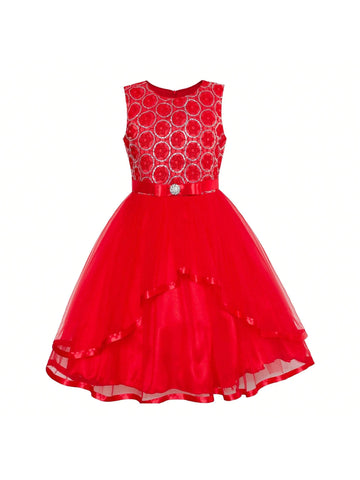 Girl's Thanksgiving Flower Girl Dress Red Sequin Mesh Red Holiday Dress