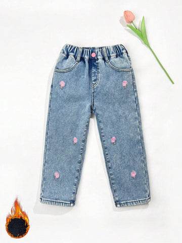 Girls' Thick Fleece Lined Washed Denim Jeans For Daily Casual, Autumn/Winter
