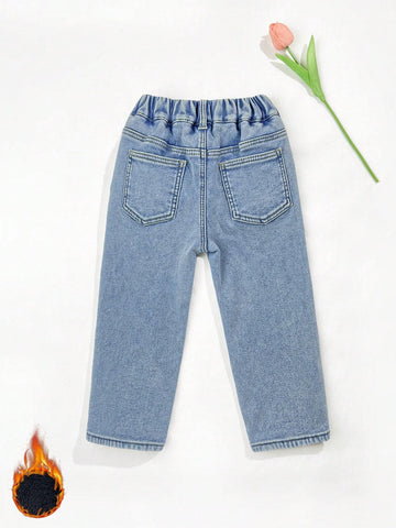 Girls' Thick Fleece Lined Washed Denim Jeans For Daily Casual, Autumn/Winter
