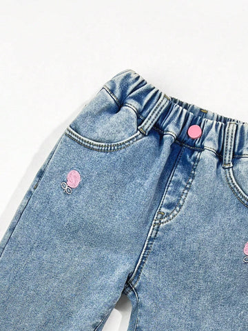 Girls' Thick Fleece Lined Washed Denim Jeans For Daily Casual, Autumn/Winter
