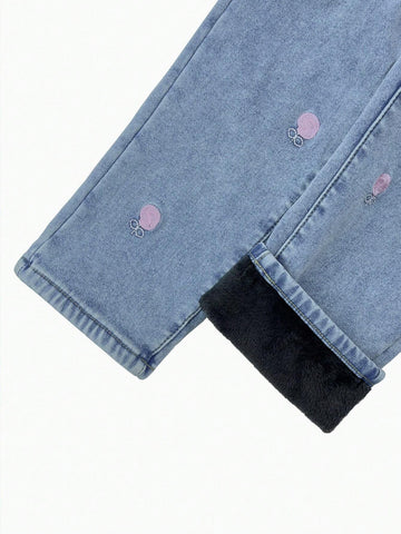 Girls' Thick Fleece Lined Washed Denim Jeans For Daily Casual, Autumn/Winter