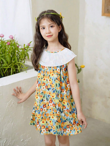 Girls" Thin Sleeveless Floral Print Casual Dress For Spring And Summer
