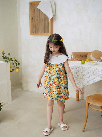 Girls" Thin Sleeveless Floral Print Casual Dress For Spring And Summer
