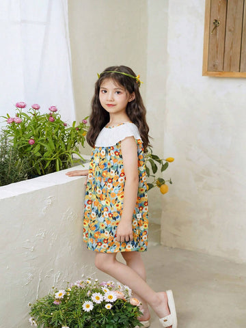 Girls" Thin Sleeveless Floral Print Casual Dress For Spring And Summer