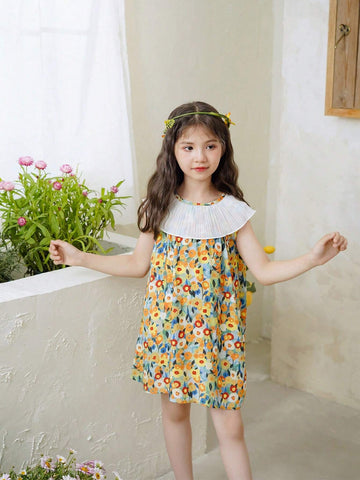 Girls" Thin Sleeveless Floral Print Casual Dress For Spring And Summer