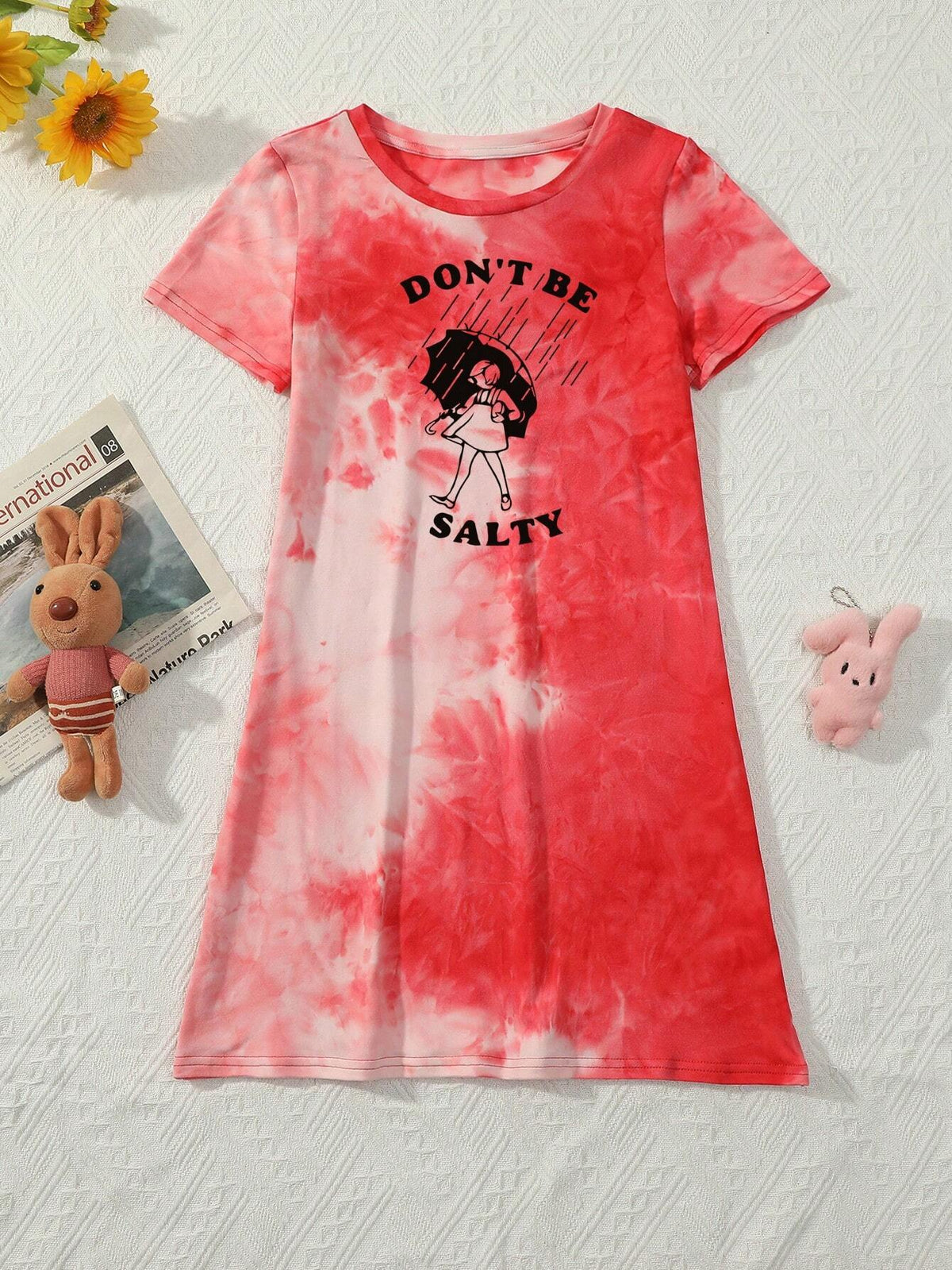 Girls' Tie-Dyed Short Sleeve Casual T-Shirt Dress, Summer