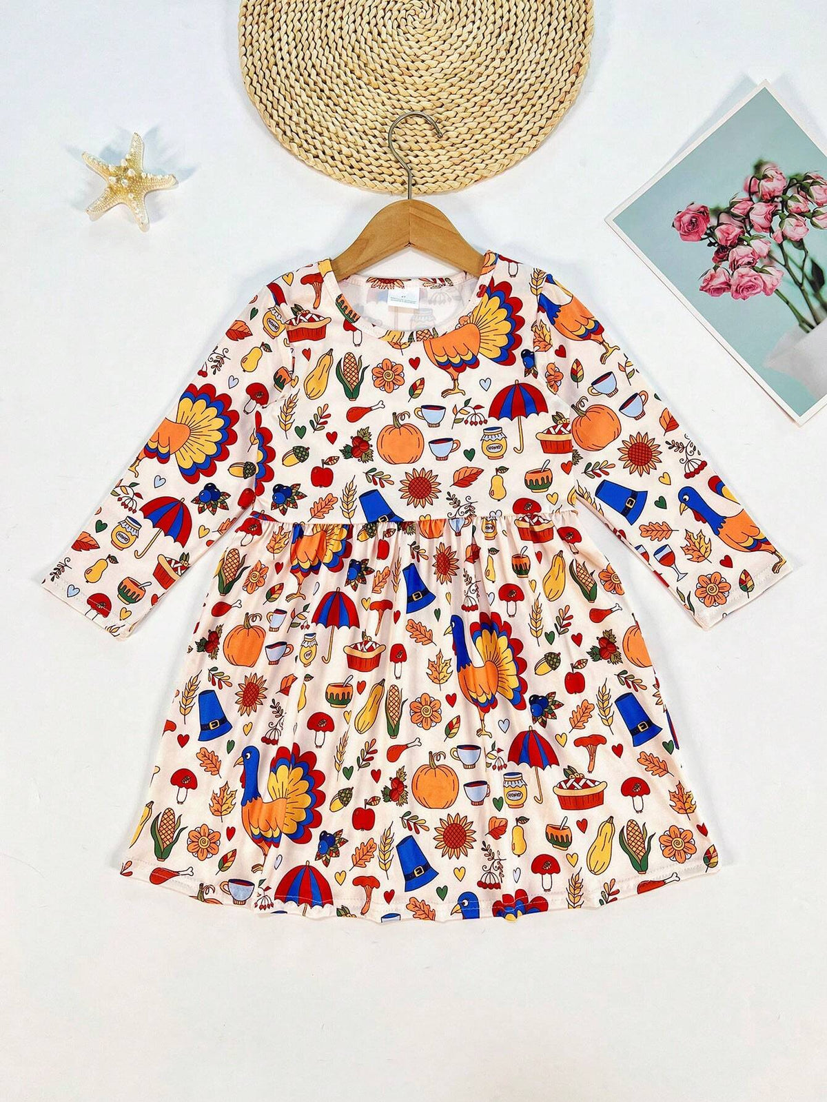 Girls (Toddler/Little Young Girl) Thanksgiving Turkey & Christmas Digital Printing Cartoon Long Sleeve Casual Dress