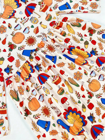 Girls (Toddler/Little Young Girl) Thanksgiving Turkey & Christmas Digital Printing Cartoon Long Sleeve Casual Dress