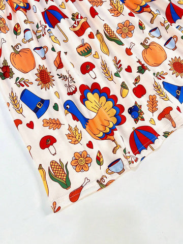 Girls (Toddler/Little Young Girl) Thanksgiving Turkey & Christmas Digital Printing Cartoon Long Sleeve Casual Dress