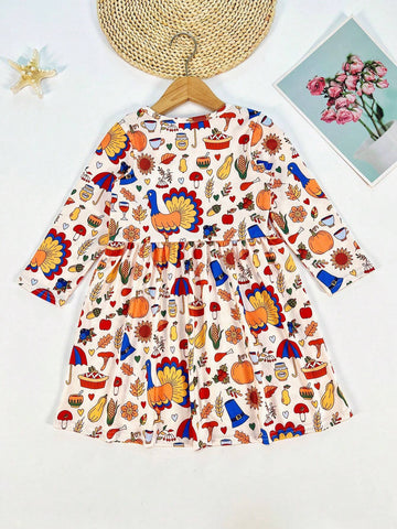Girls (Toddler/Little Young Girl) Thanksgiving Turkey & Christmas Digital Printing Cartoon Long Sleeve Casual Dress