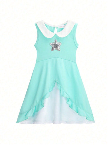 Girls' (Toddler) Casual Dress With Peter Pan Collar And Ruffled Hemline, Star Pattern