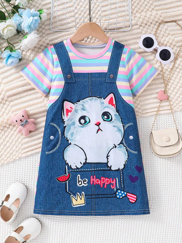Girls' Toddler Casual Striped Faux Two-Piece Set, Denim Effect, Cute Cat Printed Short Sleeve A-Line Dress, Summer