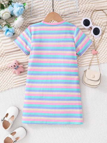 Girls' Toddler Casual Striped Faux Two-Piece Set, Denim Effect, Cute Cat Printed Short Sleeve A-Line Dress, Summer