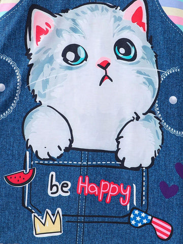Girls' Toddler Casual Striped Faux Two-Piece Set, Denim Effect, Cute Cat Printed Short Sleeve A-Line Dress, Summer
