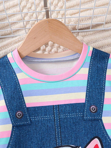 Girls' Toddler Casual Striped Faux Two-Piece Set, Denim Effect, Cute Cat Printed Short Sleeve A-Line Dress, Summer
