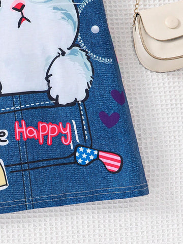 Girls' Toddler Casual Striped Faux Two-Piece Set, Denim Effect, Cute Cat Printed Short Sleeve A-Line Dress, Summer