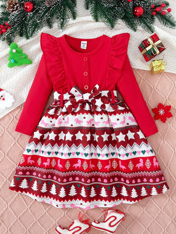 Girls Toddler Christmas Series Solid Color Round Neck Ruffle Trim Long Sleeve Knitted Top Patchwork Cute Santa Claus Pattern Full Skirt Dress, Spring/Autumn