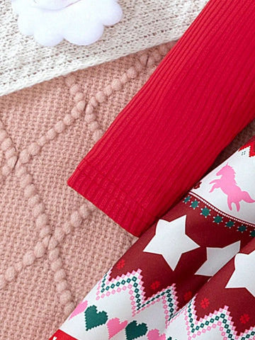Girls Toddler Christmas Series Solid Color Round Neck Ruffle Trim Long Sleeve Knitted Top Patchwork Cute Santa Claus Pattern Full Skirt Dress, Spring/Autumn