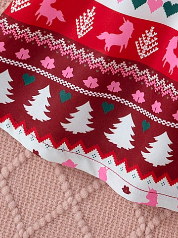 Girls Toddler Christmas Series Solid Color Round Neck Ruffle Trim Long Sleeve Knitted Top Patchwork Cute Santa Claus Pattern Full Skirt Dress, Spring/Autumn